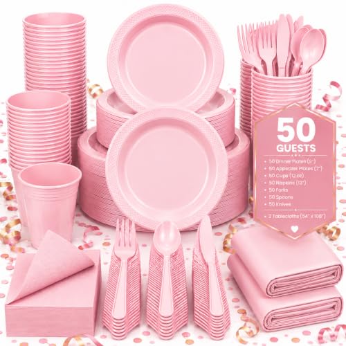 Tinybee 352 Pcs Pink Plastic Plates, Disposable Dinnerware Set for 50 - color: Pink