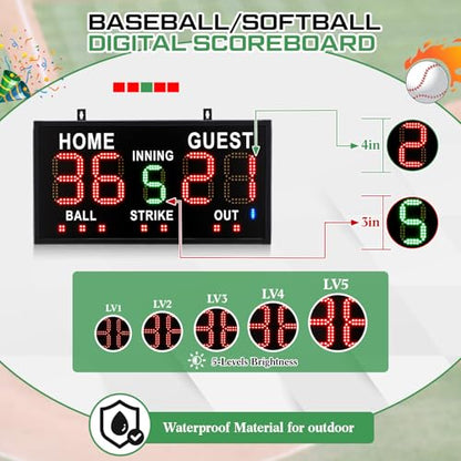 Tellegloww Portable LED Baseball/Softball Scoreboard with Remote Control Built-in Rechargeable Battery Digital Score Keeper for Games Weather-Resistant Indoor Outdoor Use