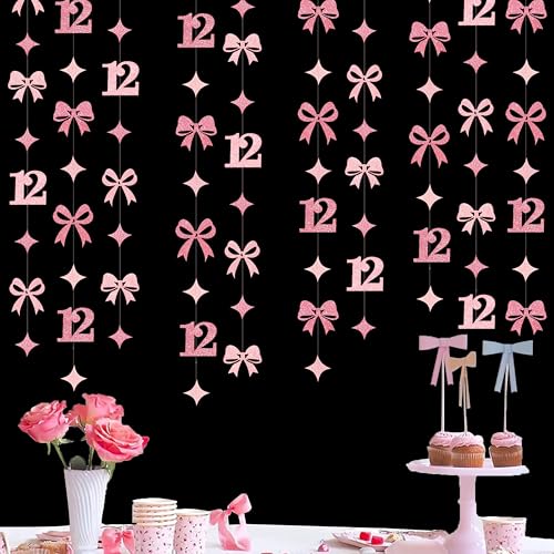 Glitter Pink 12th Bow Birthday Decorations Hot Pink Conquette Bow Garland Streamer Banner Backdrop for Girls Happy 12th Birthday Slayin' Since 2014 Cheers to 12 Years Old Anniversary Party Supplies - color: Pink Bow