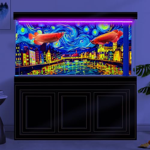 30X18IN Blacklight Vincent Van Gogh Black Light Aquarium Background, UV Fish Tank Background Art Oil Painting Terrarium Background with 10 EVA Double-Sided Tape - size: 30X18in/75X45cm
