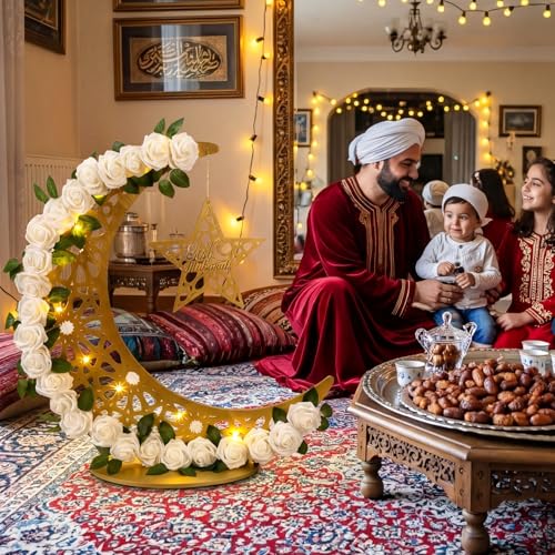 Novabright 27.5 in Eid Mubarak Stand Moon Light Decor LED Large Ramadan Lanterns Decorations Lighted Moon Shaped Wreaths for Muslim Home Office Bedroom Floor Yard Lawn Islamic Outdoor Decor