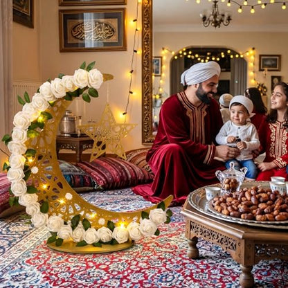 Novabright 27.5 in Eid Mubarak Stand Moon Light Decor LED Large Ramadan Lanterns Decorations Lighted Moon Shaped Wreaths for Muslim Home Office Bedroom Floor Yard Lawn Islamic Outdoor Decor