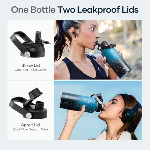 BUZIO 32 oz Water Bottle Insulated, Leakproof Stainless Steel Flask (Cold for 48 Hrs), Wide Mouth BPA-Free Metal Thermo Hydro Canteen with 2 Lids, Dappled Navy Black - color: Dappled Navy Black, size: 32 Ounces