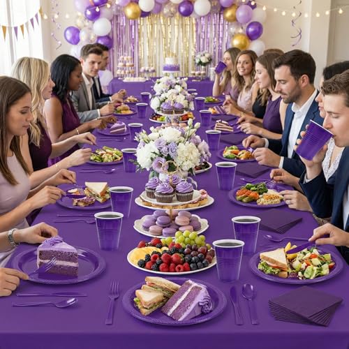 Tinybee 352 Pcs Purple Plastic Plates, Disposable Dinnerware Set for 50 - color: Purple