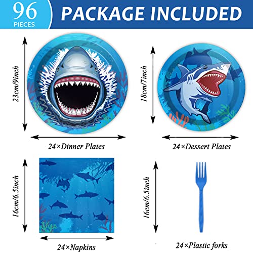 24 Guests Shark Theme Party Decorations Under the Sea Party Tableware Set Shark Baby Shower Plates Napkins and Forks Ocean Birthday Table Decorations Supplies 96Pcs - style: Shark