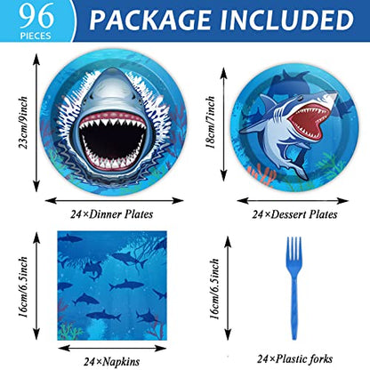 24 Guests Shark Theme Party Decorations Under the Sea Party Tableware Set Shark Baby Shower Plates Napkins and Forks Ocean Birthday Table Decorations Supplies 96Pcs - style: Shark