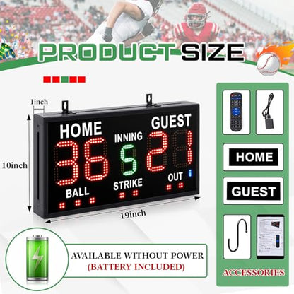 Tellegloww Portable LED Baseball/Softball Scoreboard with Remote Control Built-in Rechargeable Battery Digital Score Keeper for Games Weather-Resistant Indoor Outdoor Use