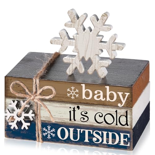 4 Pcs Winter Home Decor Winter Table Decorations Christmas Tiered Tray Decor Centerpiece Decorations Indoor Rustic Wooden Snowflake Block Sign Gift Farmhouse for Kitchen Shelf - style: Snow