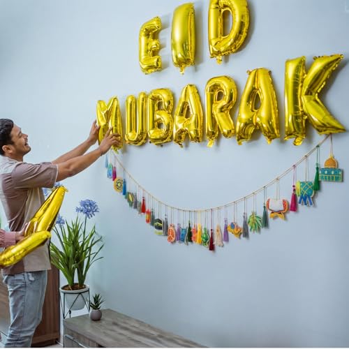 Batiyeer 32 Pcs Eid Mubarak Decorations 3D Felt Ramadan Banner Set with Lantern Moon Palace for Islam Muslim Celebration Lesser Bairam Party Hanging Decor