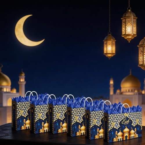 CMSSHUAI 12 Pcs Eid Mubarak Gift Bags with Handles 12.8 x 10.4 x 4.4 Inch Large Ramadan Tote Bags Eid Mubarak Paper Treat Goodie for Gifts Wrapping Ramadan Party Supplies - color: eid 12