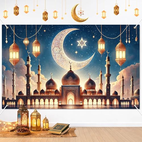 BlissYard Ramadan Eid Banner 71x43 Inch Photo Booth Backdrop with Crescent Moon Mosque and Lantern Scene Islamic Night Sky Background for Muslim Party Decoration Ramadan Kareem Mubarak Celebration - color: Ramadan Decor#4