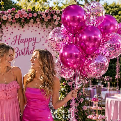 AULE Party Balloons Pack of 42 - Metallic Chrome Hot Pink Balloons and Hot Pink Confetti Latex Helium Balloons With 64ft Ribbons - 12 Inch Balloon Decoration Set - color: Hot Pink