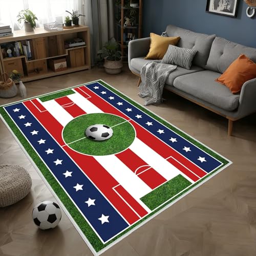 Soccer Rug for Boys Room,5x7 Area Carpets Soccer Field Area Rug for Bedroom,Sport Floor Rugs Washable Throw Rugs Indoor Door Mat Non Slip Floor Mats for Playroom,Bedside,Living Room,Green Red Blue - size: 5'x7'