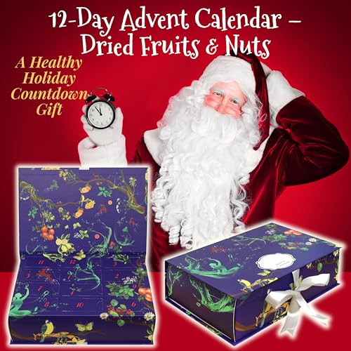 12-Day Advent Calendar Dried Fruit & Nuts Holiday Gift Box | Healthy Gourmet Dried Fruit Selection Including Mango, Fancy Medjool Dates, Pears, Peaches, Apricots, Figs and Prunes - size: 12.2 x 8.54 x 5.2 inches; 3 Pounds
