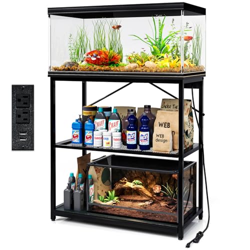 TC-HOMENY Fish Tank Stand 10,20,29,37 Gallon, 1000LB Capacity Aquarium Stand with Built-in Outlet, 31"L x 16"W Metal Reptile Tank Stand, Double Storage Design Adjustable Shelves, Black (Tank not Included)