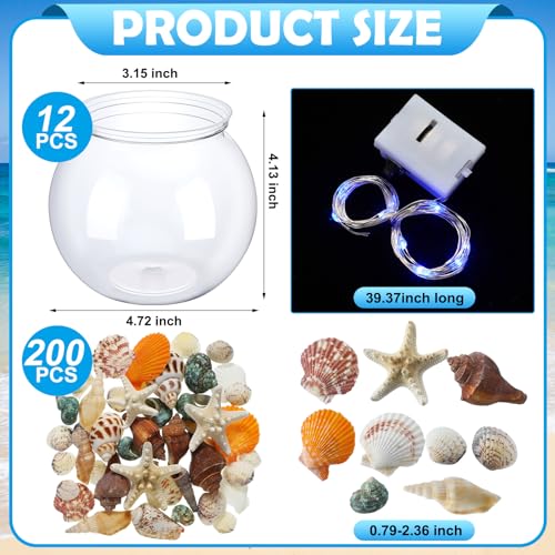 RoundFunny 12 Set 30 oz Beach Themed Party Table Centerpieces 4" Heavy Duty Round Plastic Fish Bowls Mixed Beach Natural Seashell Starfish with Blue Lights for Wedding Baby Shower Ocean Party Supplies