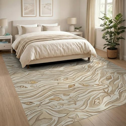 8'x10' Beige Beachy with Rustic Ocean Shell Motif Washable Area Rug | Natural Seashell Starfish and Sand Waves for King Size Bedroom Under Bed, Master Suite, Non-Shedding, Easy Care - color: Beige/Pattern 28, size: 8' x 10' (Rectangular)