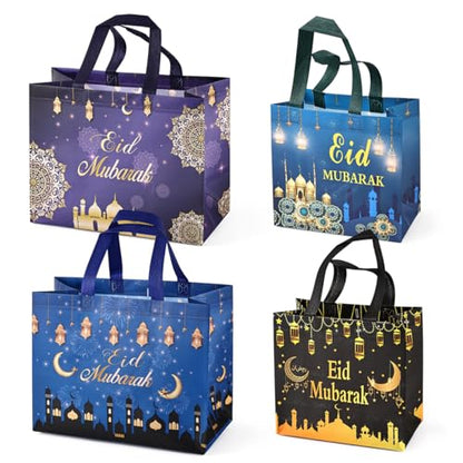 Aviski 4PCS Eid Mubarak Reusable Gift Bags, Treat Bags with Handles, Eid Mubarak Party Bags, Multifunctional Non-Woven Eid Bags for Gifts Wrapping, Party Supplies
