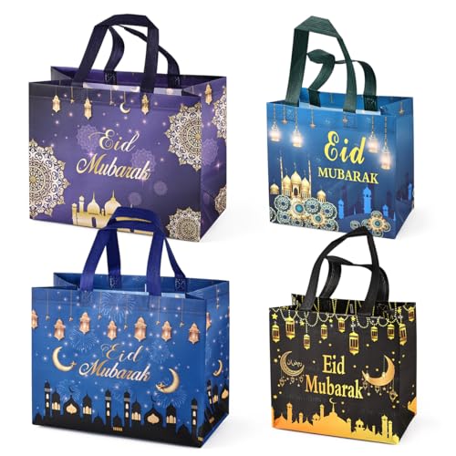 Aviski 4PCS Eid Mubarak Reusable Gift Bags, Treat Bags with Handles, Eid Mubarak Party Bags, Multifunctional Non-Woven Eid Bags for Gifts Wrapping, Party Supplies
