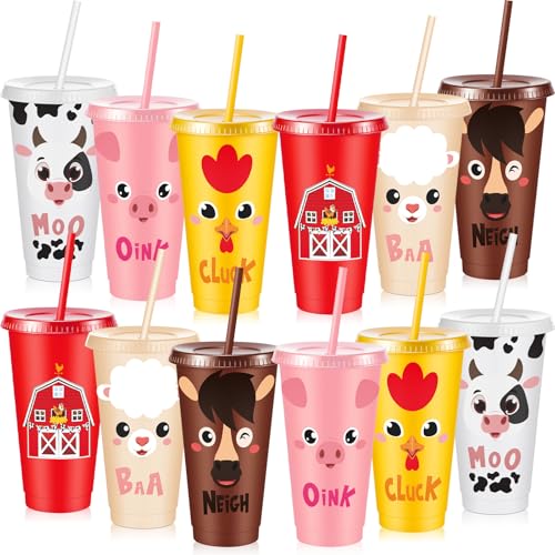 Chuangdi 12 Pcs Farm Animal Plastic Cups with Lid and Straw 24 oz Farm Animal Birthday Decorations Reusable Tumbler Cute Pig Sheep Chicken Horse Cow Cups Gift for Barnyard Party Supplies - style: Farm Animal