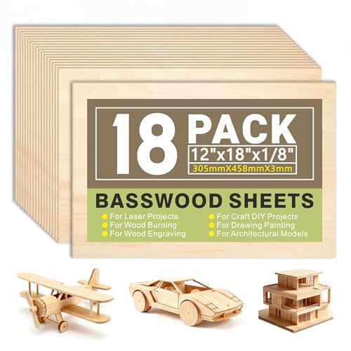 18 Pack Basswood Sheets 1/8" Thickness,Dimension 12"x18" | Unfinished Plywood Smooth,Thickness 3mm Basswood for Laser Cutting,Engraving,Wood Burning,Painting,Model Making,DIY Projects