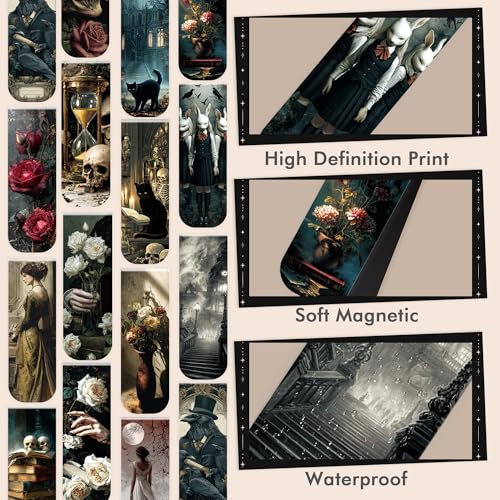 Dark Academia Magnetic Bookmarks for Women, 30 Pcs Gothic Witchy Book Marks with Aesthetic Skull Rose Castle Designs, Magnet Book Marker Clips for Readers and Book Lovers - style: Dark Academia 01