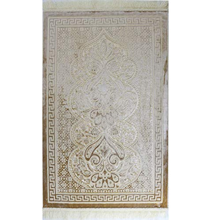 Modefa Luxury Velvet Prayer Rug with Prayer Beads | Soft Elegant Muslim Turkish Janamaz Sajada Carpet for Men and Women | Plain Solid Prayer Mat Ramadan Eid Gift - Paisley (Golden Ivory) - color: Golden Ivory