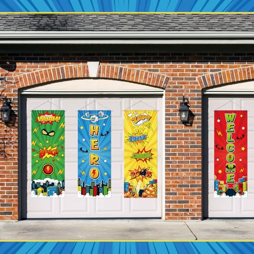 Panelee 4 Pcs Hero Theme Party Banners Hero Party Decorations City Comic Skyline Porch Sign Hanging Door Banner for Cityscape Birthday Backdrop Supplies - style: Hero