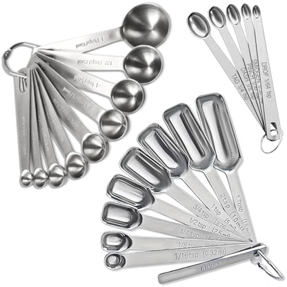 23 Pcs Stainless Steel Measuring Spoons Set with Leveler, Metal Round & Rectangular Spoons plus 5 Mini Teaspoons for Precise Cooking and Baking, Standard Sizes with Clear Engraved Markings - size: 23 Pcs