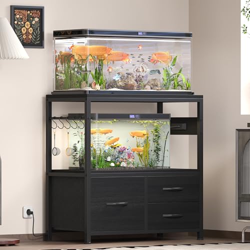 Heybly 20-29 Gallon Fish Tank Stand, Aquarium Stand with Drawer, Power Outlet, Heavy Duty Metal Frame, for Fish Tank, Turtle & Reptile Terrarium, 31.5" x 15.7" Top, 330lbs, Black HAS001BK - color: Black, size: 20-29 gal