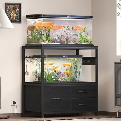 Heybly 20-29 Gallon Fish Tank Stand, Aquarium Stand with Drawer, Power Outlet, Heavy Duty Metal Frame, for Fish Tank, Turtle & Reptile Terrarium, 31.5" x 15.7" Top, 330lbs, Black HAS001BK - color: Black, size: 20-29 gal