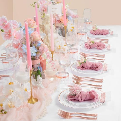 Supernal 400pcs Rose Gold Plastic Plates Disaposable Heavy Duty included Disposable Utensils& Plastic Party Plates Disaposable Party Cups and Napkins Sets for Valentine's Day Mother's Day and Easter - color: 400pcs White and Rose Gold Plastic Plates Disap