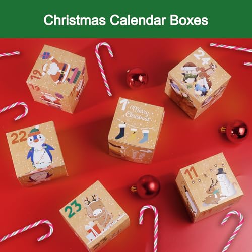 ONESING 24 Pcs DIY Christmas Advent Calendar Boxes for 2024, 24 Days Countdown Calendar Gift for Adults and Kids Christmas Cardboard Number Boxes Make & Fill Your Own Advent Calendar Boxes, Lovely Xmas Kraft Papper Box - color: Style-E