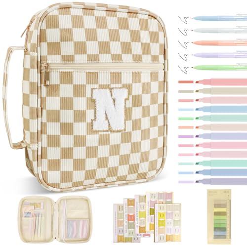 Personalized Initial Bible Cover Case for Women Girls Kid - Large Quilted Bible Case with Handle,Chenille Letter Bag Study Supplies,Christmas Gifts for Christians Birthday Graduation(Khaki-N) - color: Khaki, size: letter-N