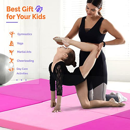 Matladin 8' Folding Gymnastics Gym Exercise Aerobics Mat, 8ft x 2ft x 2in PU Leather Tumbling Mats with Hook & Loop Fastener for Stretching Yoga Cheerleading Martial Arts - color: Purple&Pink
