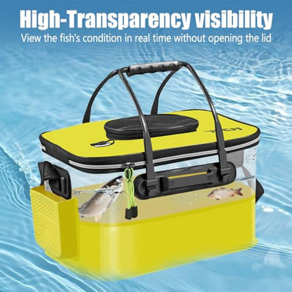 Fish Bucket, Foldable Fishing Bucket with Ergonomic Grip, Portable Transparent Live Fish Container for Outdoor Fishing Camping - color: Black