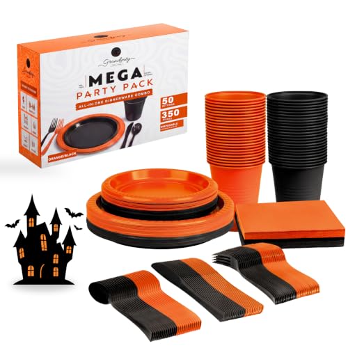 Grandipity Disposable Plastic Dinnerware Sets for Parties (350 pcs) - color: Orange/Black, size: 50 Guests (350 PCS)