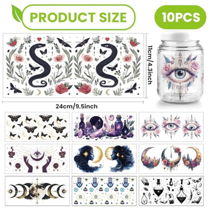 arricraft 10 Pcs Colorful Fantasy Elements Theme Cup Printing UV Transfer Papers, 10 Styles Divination Eyes Butterflies Moon Flowers UV DTF Cup Wrap Stickers for 16 OZ Glass Cups Crafts 9.5x4.3inch - style: Colorful Fantasy Elements Theme
