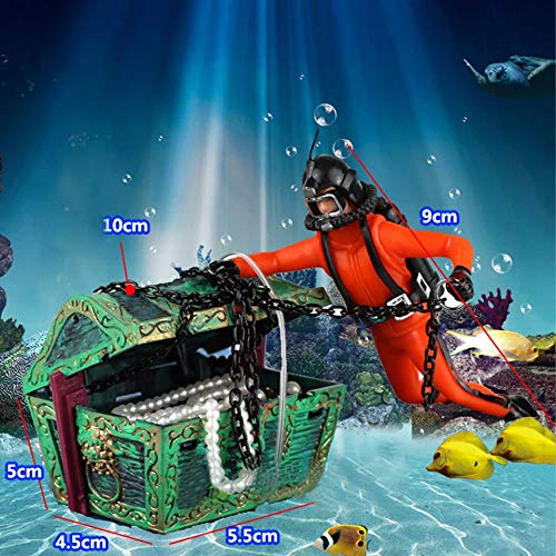 Fish Tank Decor Creative Air Pump Connecting Diver Treasure Hunter Treasure Box Aquarium Decoration(Black)