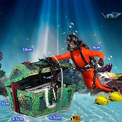 Fish Tank Decor Creative Air Pump Connecting Diver Treasure Hunter Treasure Box Aquarium Decoration(Black)