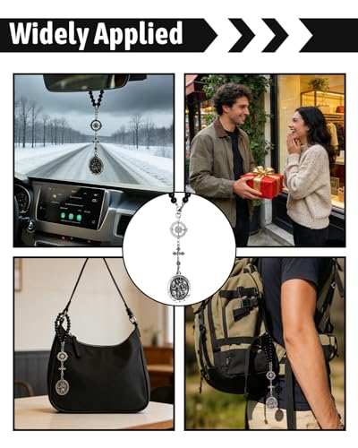 1 Pc St Christopher Car Rearview Mirror Decor Medal, Black Cross Hanging Car Rosary Charm, Travel Protection Charm