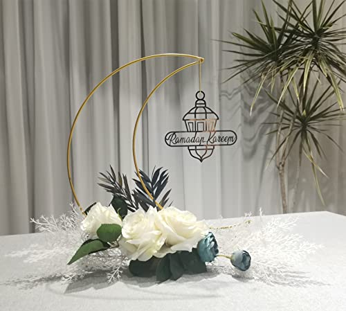 Ramadan Kareem Decorations, Artificial Moon Shape Wreaths Table Decor with Castle Sign, Ramadan Mubarak Metal Rings Floral Ornaments, for Home Desk Fireplace Party Supplies