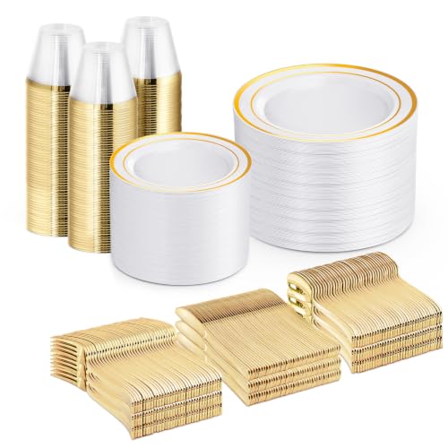 WELLIFE 600 PCS Gold & White Disposable Dinnerware Set for 100 Guests - color: Gold, size: 100 Guests
