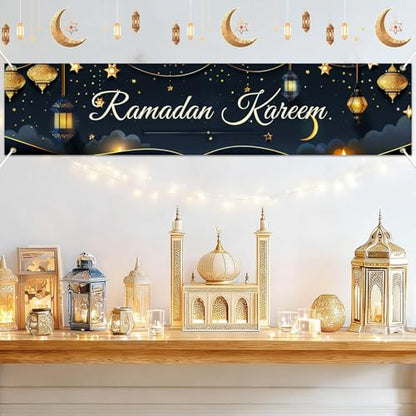BlissYard Ramadan Kareem Banner 78 x 17 Inch Islamic Holiday Wall Backdrop Moon Star Design for Eid Mubarak Home Porch Fence Party Decor Spiritual Celebration