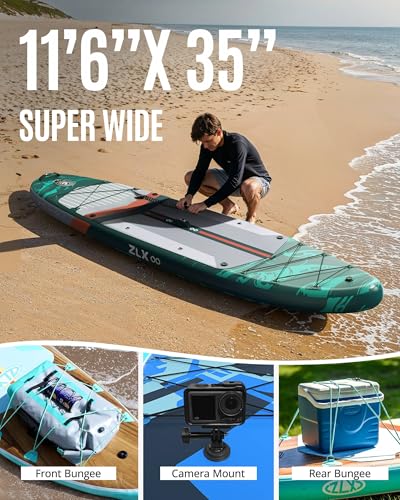 ZLX 11'6"x35" Ultra Wide Inflatable Stand Up Paddle Board | Stable Non-Slip Deck Pad, Unique Fin System, Premium SUP Accessories & Backpack - Upgraded Pump for Adults, All Skill Levels - color: Jade Green