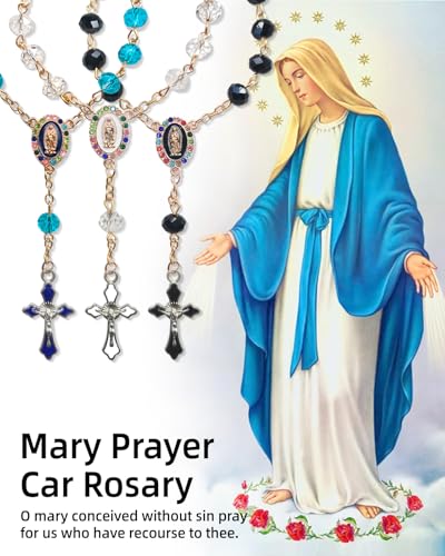Rimvoe Car Rosary for Rearview Mirror Hanging - Catholic Religious Devout Gift with Virgin Mary Charm and Crucifix, Ideal Catholic Rosary Gifts for Men & Women - color: blue