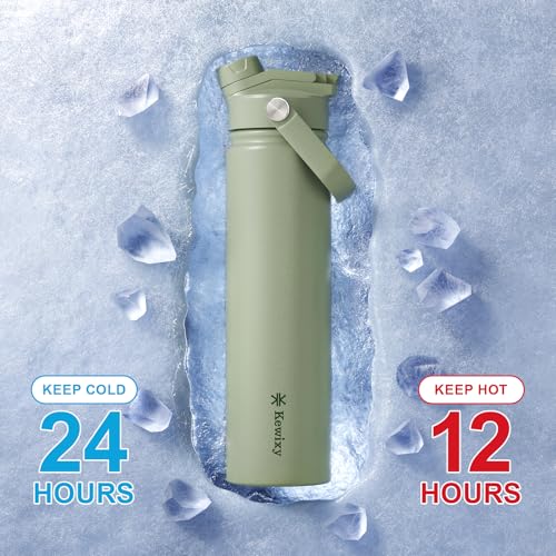 KEWIXY 24 oz Insulated Water Bottle, 2-in-1 Lid, Straw & Spout with Protected, Leak Proof, Keep Cold, Stainless Steel, Metal, Reusable, Handle, for Travel, Gym and School, 2 Lids, Sage Green - color: Sage Green, size: 24 Ounces