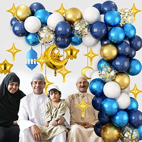 Balloon Arch Kit, 105 Pcs Blue and Gold Ramadan Mubarak Decorations - Eid Party Supplies for Home, Garden, Indoor and Outdoor Decorations