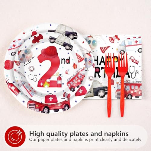 Grencian 96Pcs Two the Rescue Birthday Decorations Emergency Vehicle Theme Plates and Napkins Fire Truck Tableware Ambulance Dinnerware for Kid Emergency Vehicle 2 Years Old Birthday Party Decorations - style: Rescue Vehicles 2nd Birthday Set