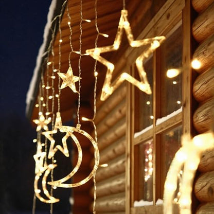 Moon Stars Solar String Lights for Outdoor, Christmas Decorations Curtain Lights with Remote Control and USB Backup Charger, Automatic ON-Off, IP65 Waterproof, Warm Yellow